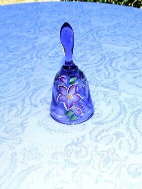 Fenton Glass Small Bell Lavender with Purple Flowers and Green Leaves 4 3/4"